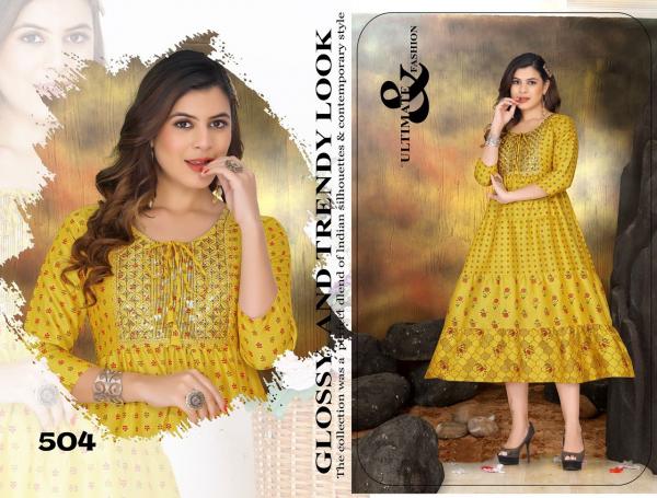 Golden Sunflower Rayon Wear Long Anarkali Kurti Collection